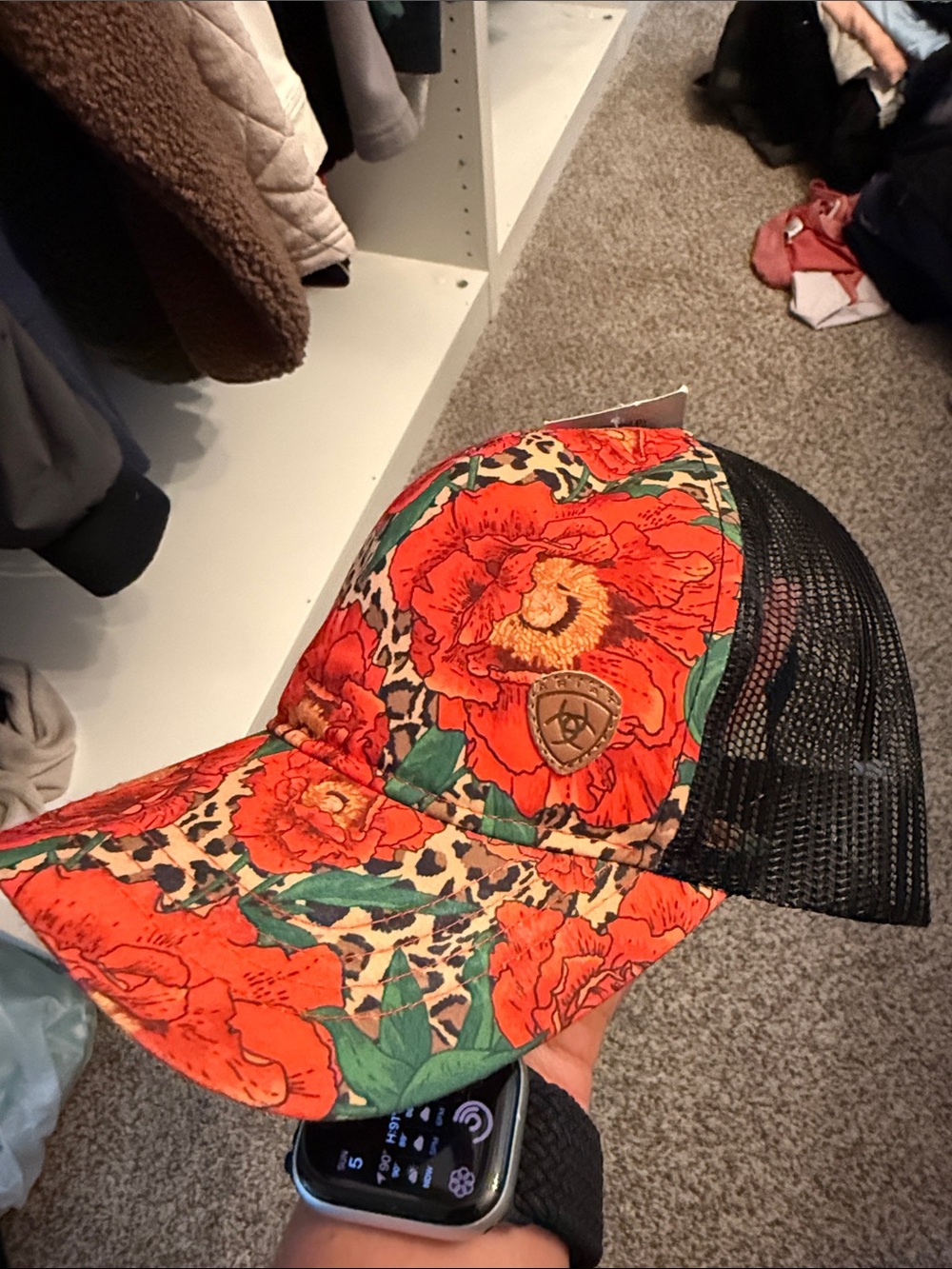 Ariat red Floral & Leopard Mesh Trucker Hat